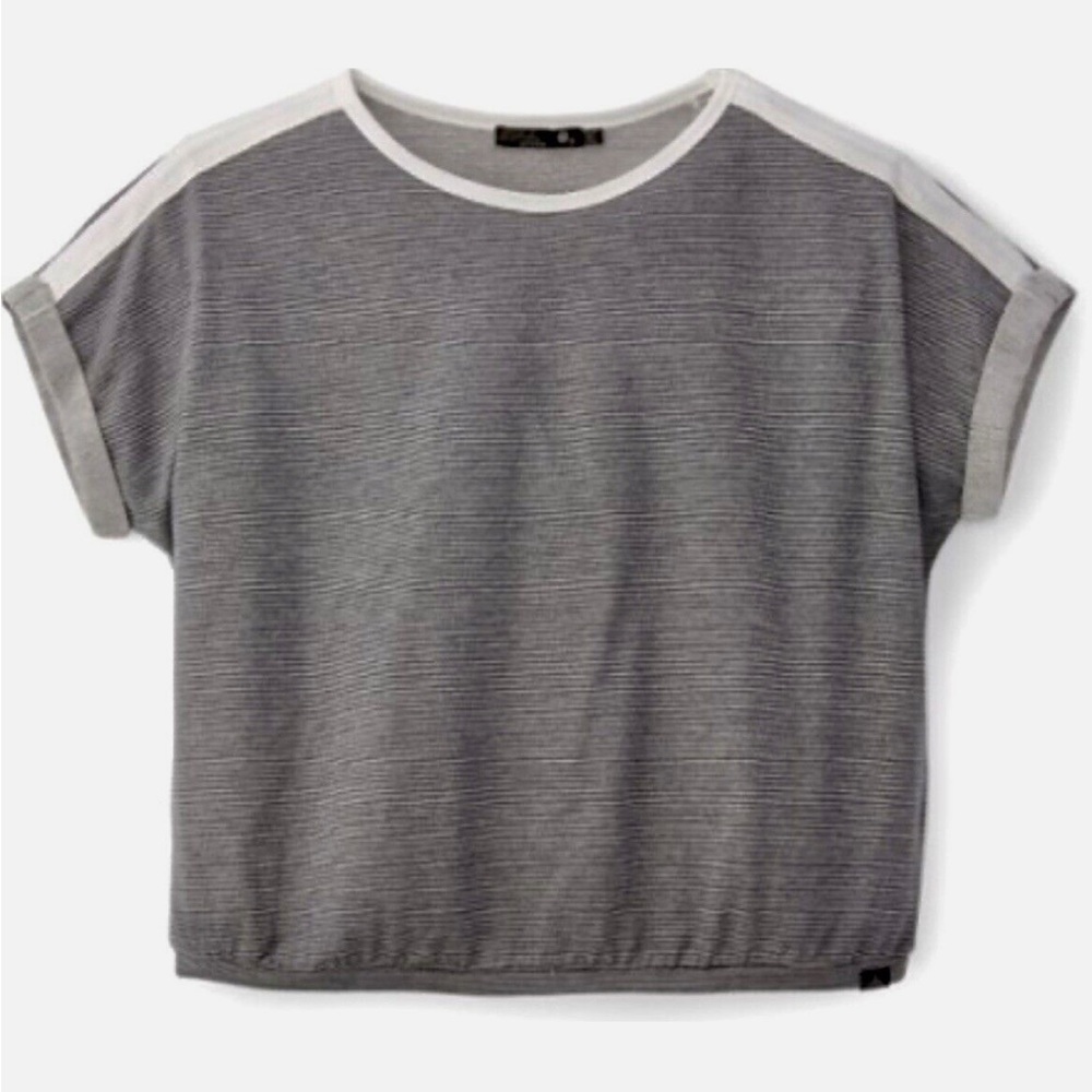 prAna Zosia Boxy Short Roll Sleeve Top Size M Coal Gray White Stripe